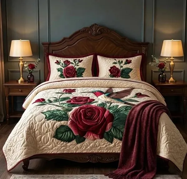 Quilted_Floral_Rose_Hummingbird_King_Size_Bedspread