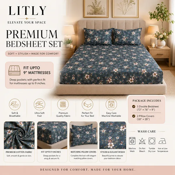 Dark_Blue_Floral_Print_Bedsheet_Set