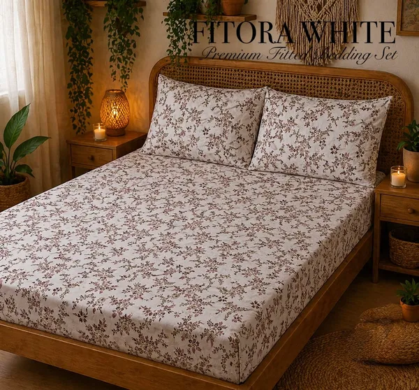 White_Floral_Print_Fitted_Bedsheet_Set