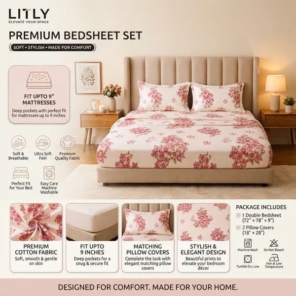 Cotton_Floral_Print_Double_Fitted_Bedsheet_Set