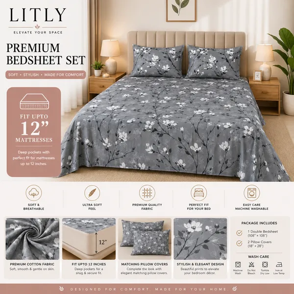 Gray_Cotton_Floral_Print_Double_Bedsheet_Set