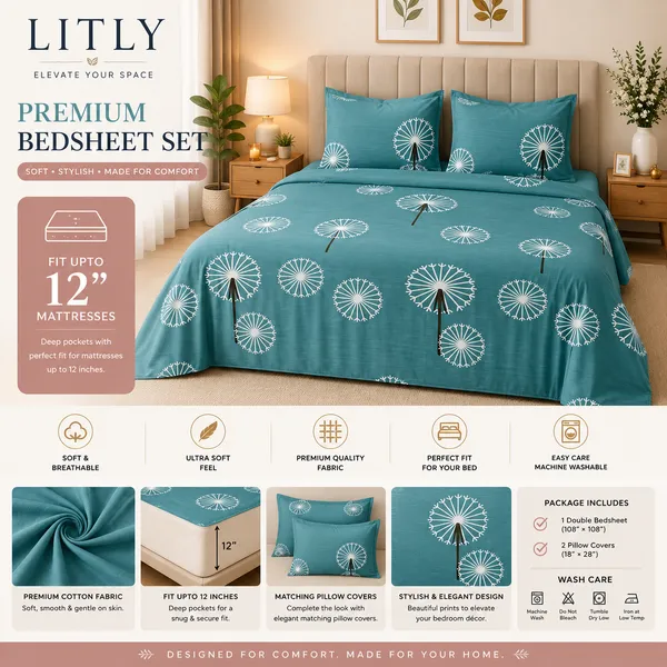 Teal_Dandelion_Print_Double_Bedsheet_Set