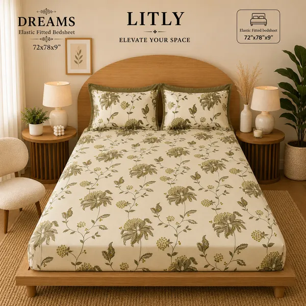 Cotton_Floral_Print_Double_Fitted_Bedsheet_Set