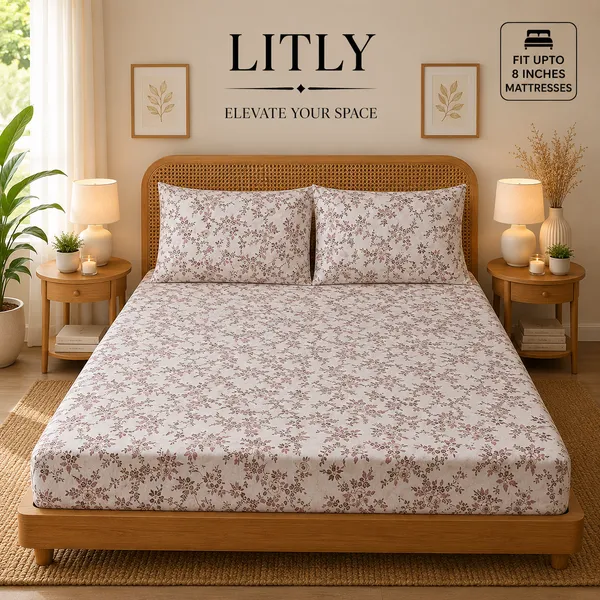 White_Floral_Print_Fitted_Bedsheet_Set