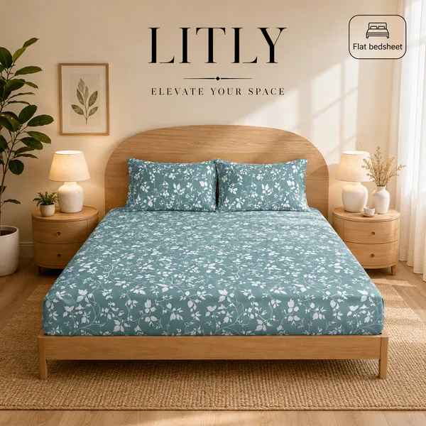 Teal_Floral_Print_Flat_Bedsheet_Set