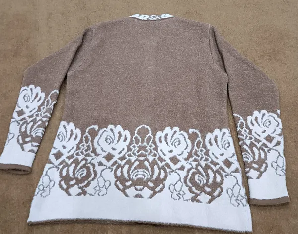 Coffee_Acrylic_Floral_Trim_Knit_Button_Front_Cardigan_For_Women
