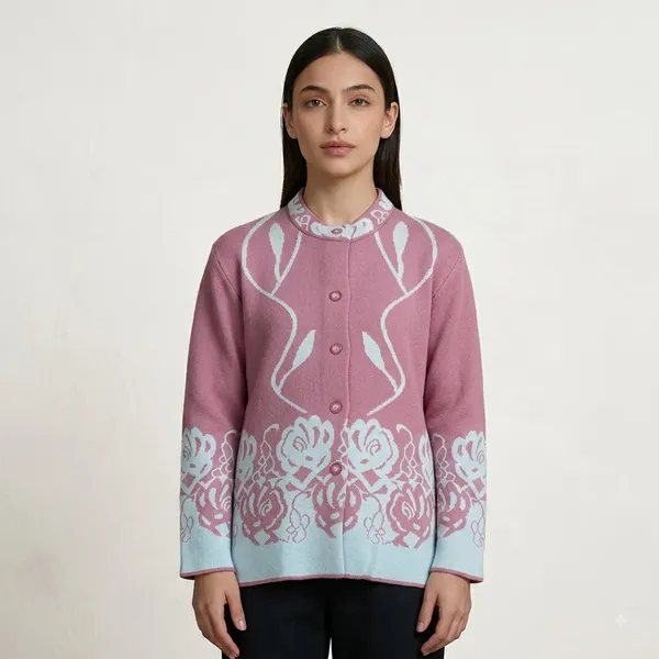 Hot_Pink_Acrylic_Floral_Print_Button_Down_Cardigan_For_Women