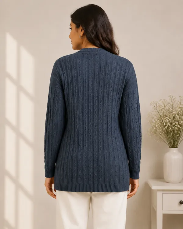 Dark_Blue_Acrylic_Cable_Knit_V_Neck_Full_Sleeve_Cardigan_For_Women