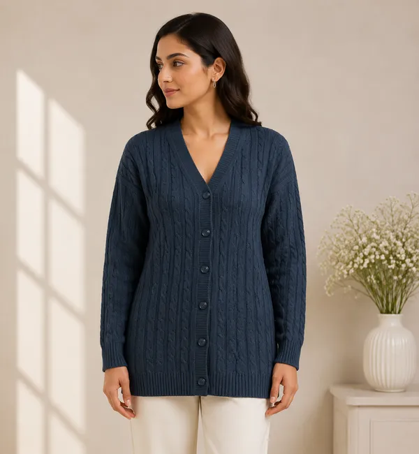 Dark_Blue_Acrylic_Cable_Knit_V_Neck_Full_Sleeve_Cardigan_For_Women
