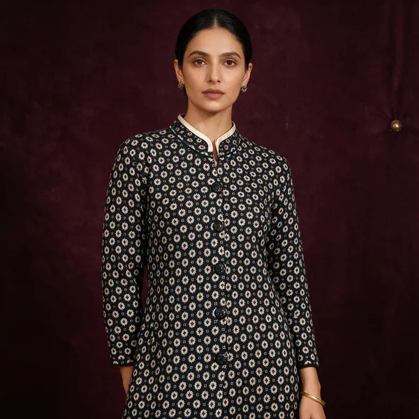 Black_Acrylic_Floral_Print_Straight_Long_Coat_For_Women