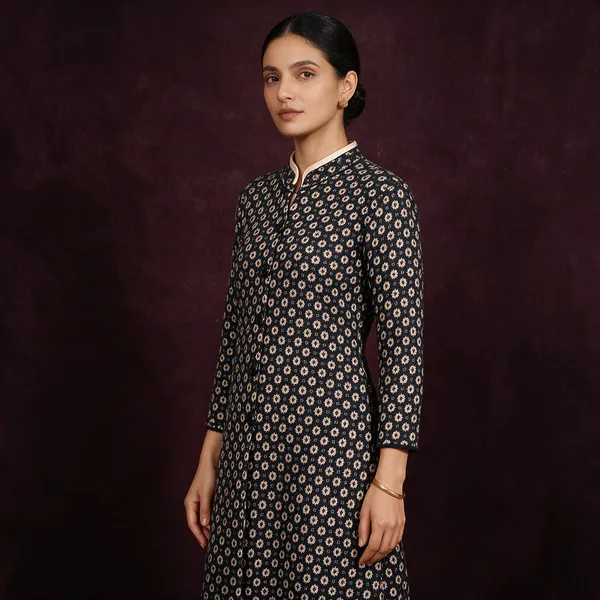 Black_Acrylic_Floral_Print_Straight_Long_Coat_For_Women