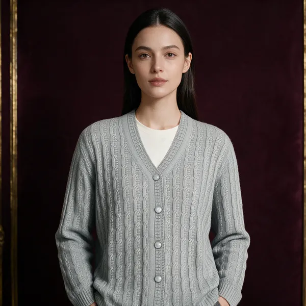Grey_Acrylic_Cable_Knit_V_Neck_Button_Front_Cardigan_For_Women
