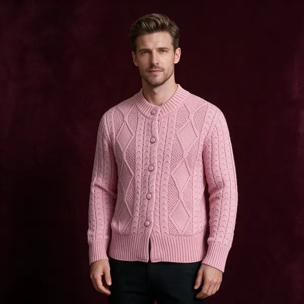 Pink_Acrylic_Cable_Knit_Button_Front_Cardigan_For_Women