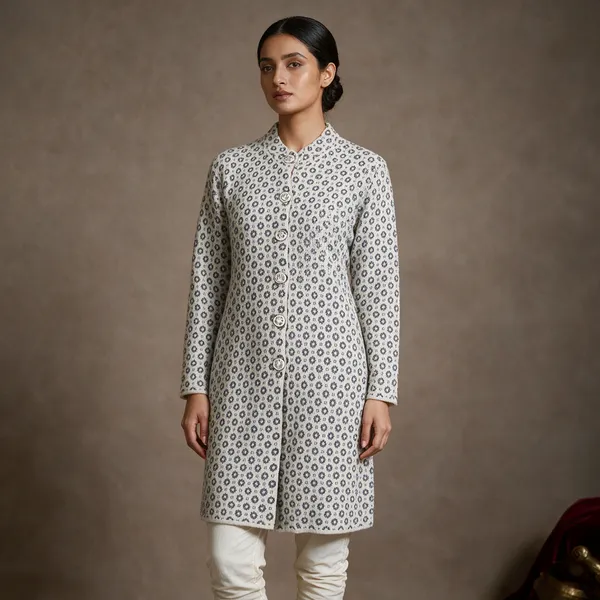 White_Acrylic_Geometric_Print_Straight_Long_Coat_For_Women