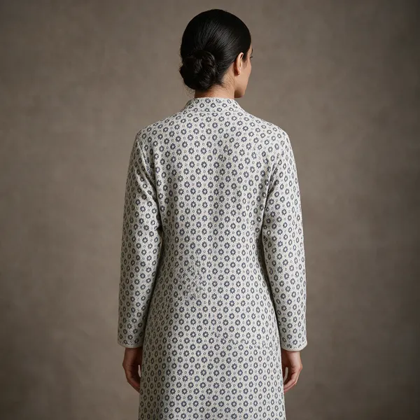 White_Acrylic_Geometric_Print_Straight_Long_Coat_For_Women
