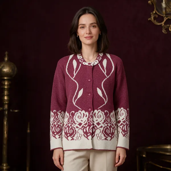 Maroon_Acrylic_Floral_Knit_Button_Front_Cardigan_For_Women