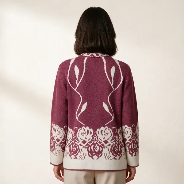 Maroon_Acrylic_Floral_Knit_Button_Front_Cardigan_For_Women