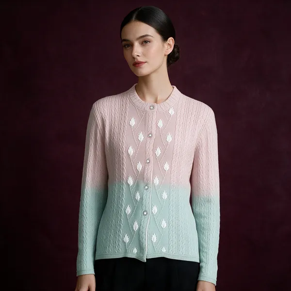 Peach_Green_Acrylic_Gradient_Colour_Block_Cardigan_For_Women