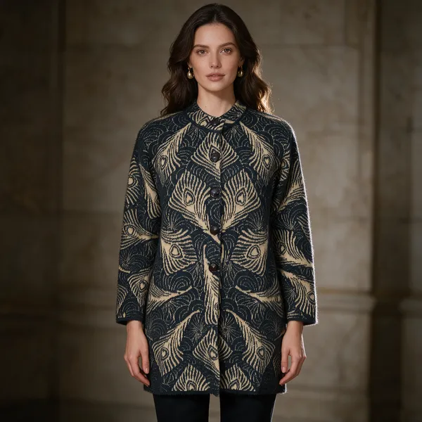 Black_Acrylic_Feather_Print_Longline_Long_Coat_For_Women
