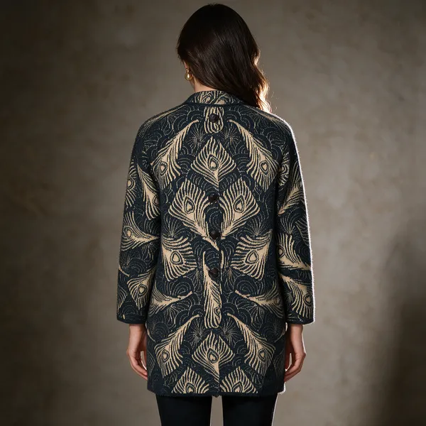 Black_Acrylic_Feather_Print_Longline_Long_Coat_For_Women
