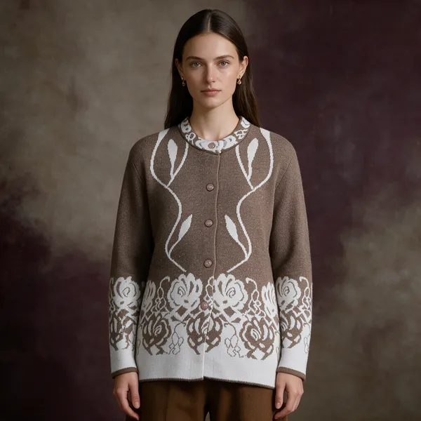 Coffee_Acrylic_Floral_Trim_Knit_Button_Front_Cardigan_For_Women