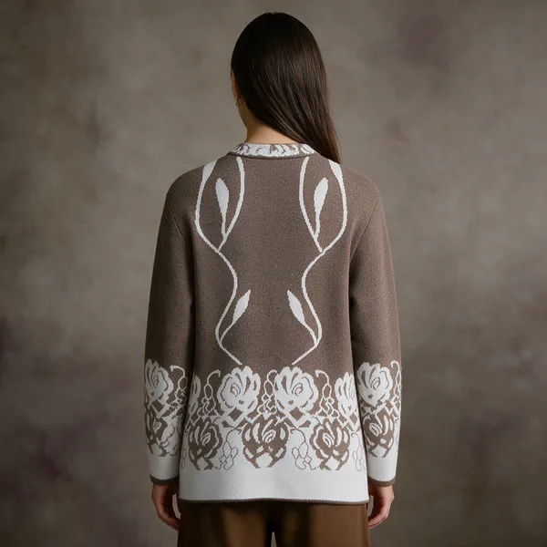 Coffee_Acrylic_Floral_Trim_Knit_Button_Front_Cardigan_For_Women