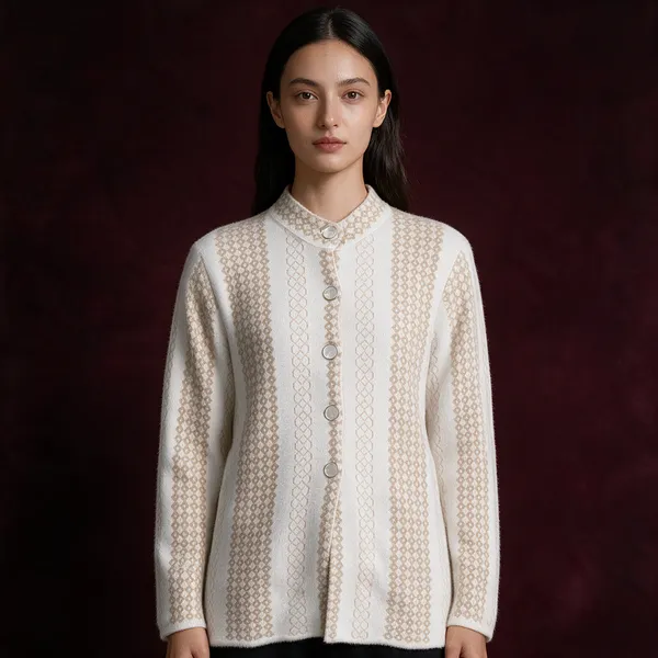 White_Acrylic_Geometric_Knit_Band_Collar_Long_Coat_For_Women