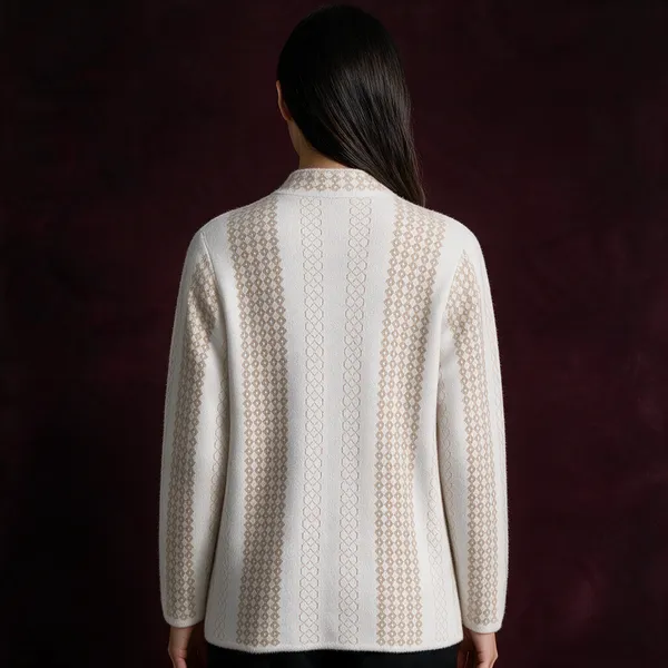 White_Acrylic_Geometric_Knit_Band_Collar_Long_Coat_For_Women