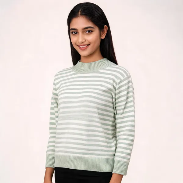 Green_Acrylic_High_Neck_Striped_Pullover_For_Women