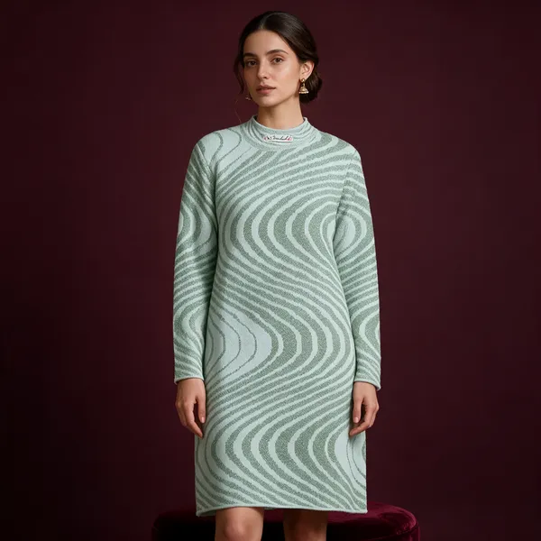 Green_Acrylic_Wavy_Stripe_Longline_Tunic_For_Women