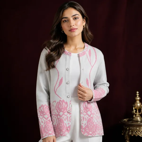 Peach_Acrylic_Floral_Border_Knit_Button_Front_Cardigan_For_Women