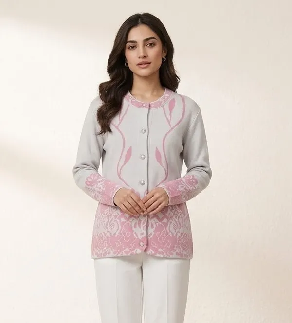 Peach_Acrylic_Floral_Border_Knit_Button_Front_Cardigan_For_Women