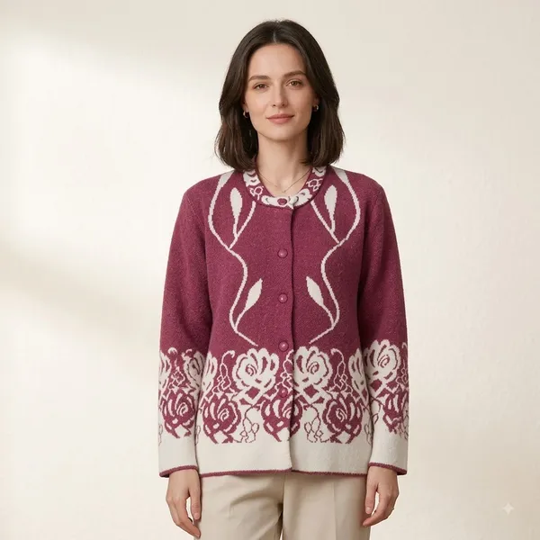 Maroon_Acrylic_Floral_Knit_Button_Front_Cardigan_For_Women