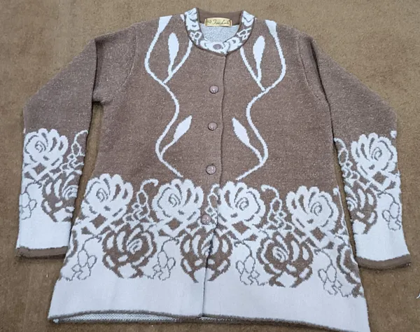 Coffee_Acrylic_Floral_Trim_Knit_Button_Front_Cardigan_For_Women