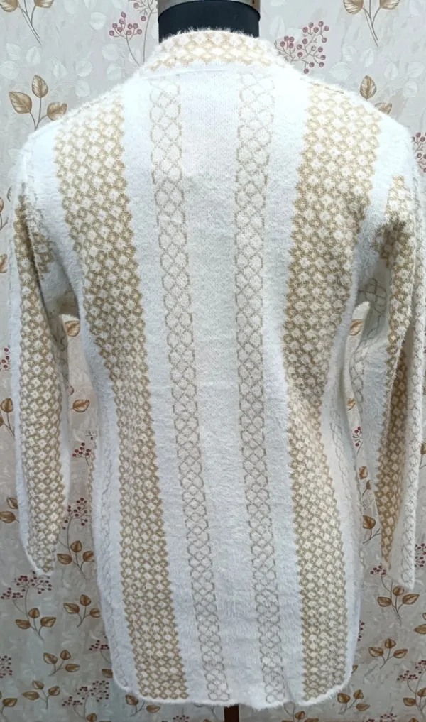 White_Acrylic_Geometric_Knit_Band_Collar_Long_Coat_For_Women