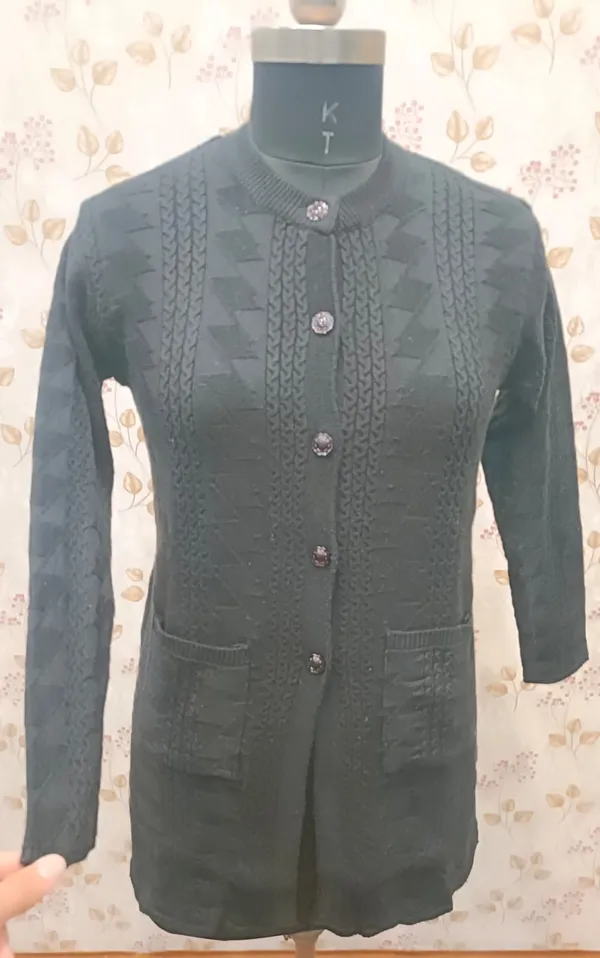 Black_Acrylic_Cable_Knit_Stand_Collar_Cardigan_For_Women