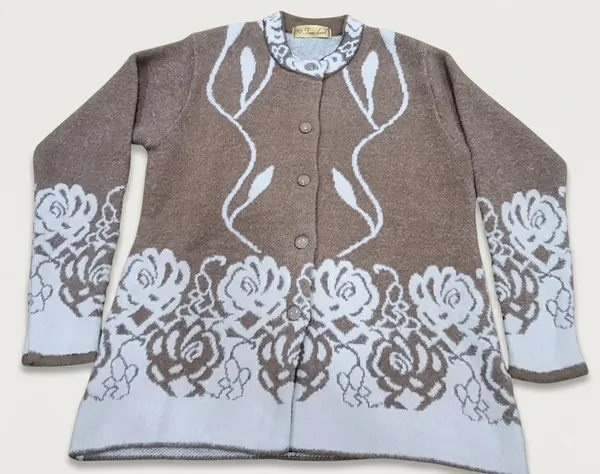 Coffee_Acrylic_Floral_Trim_Knit_Button_Front_Cardigan_For_Women