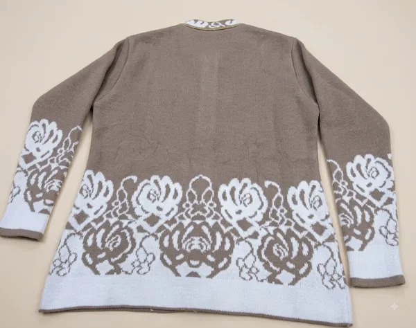 Coffee_Acrylic_Floral_Trim_Knit_Button_Front_Cardigan_For_Women