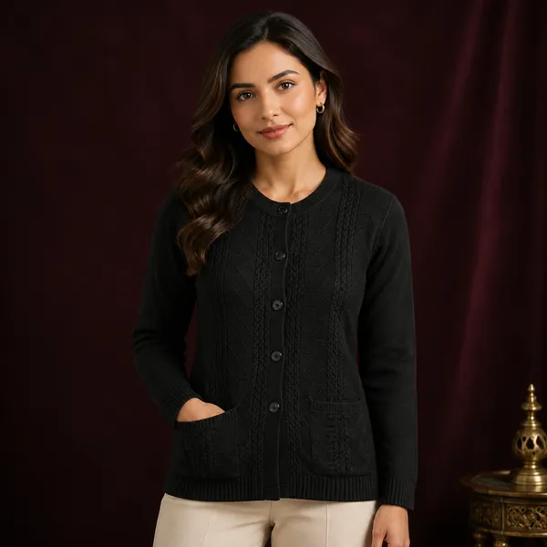Black_Acrylic_Cable_Knit_Stand_Collar_Cardigan_For_Women