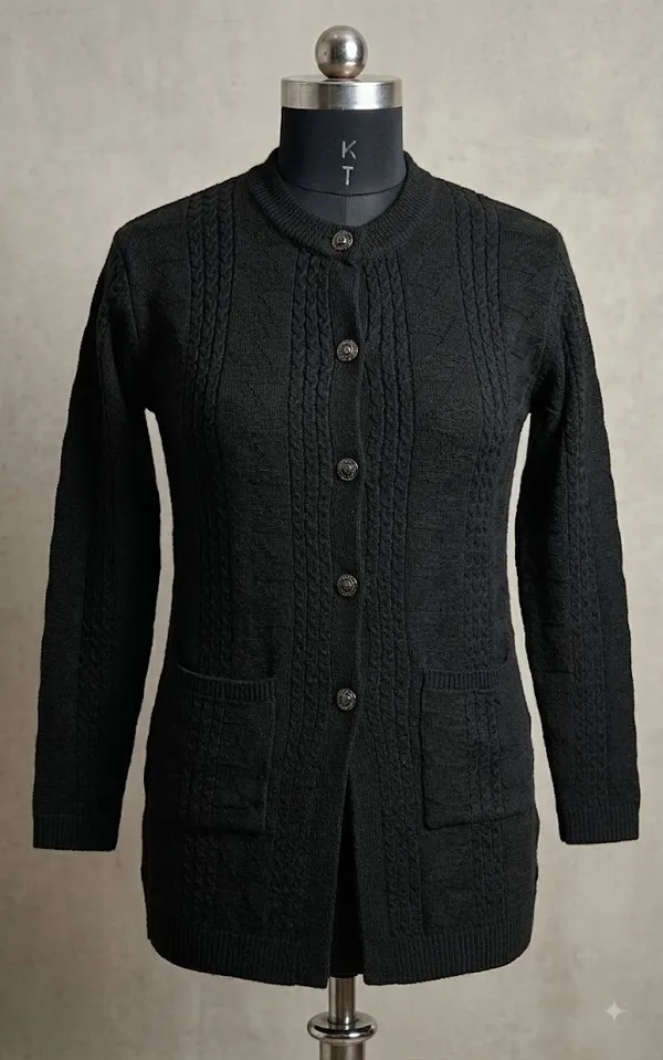 Black_Acrylic_Cable_Knit_Stand_Collar_Cardigan_For_Women