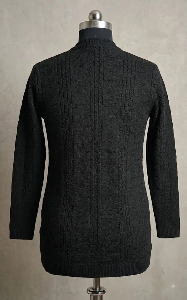 Black_Acrylic_Cable_Knit_Stand_Collar_Cardigan_For_Women