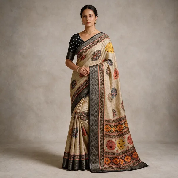 Black_Beige_Dola_Silk_Saree_For_Women