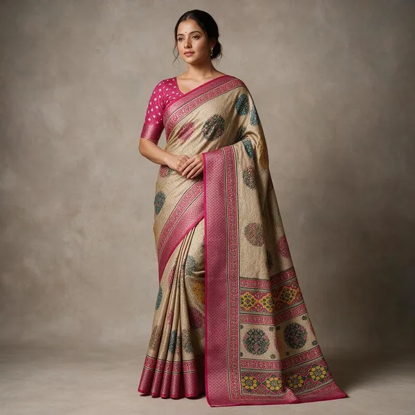 Beige_And_Pink_Dola_Silk_Saree_For_Women