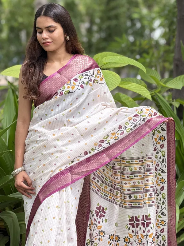 White_Floral_Printed_Saree_With_Maroon_Border_for_Women