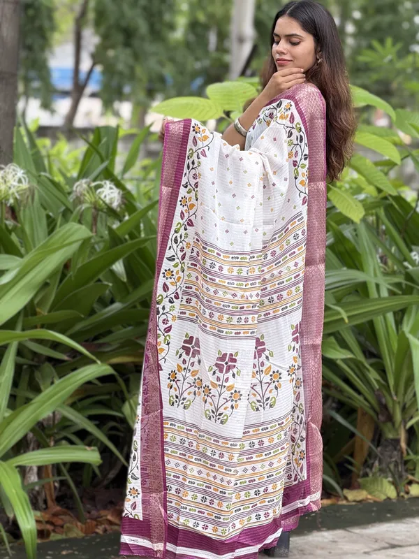 White_Floral_Printed_Saree_With_Maroon_Border_for_Women