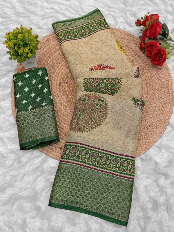 Beige_Printed_Saree_With_Green_Blouse_Piece_For_Women
