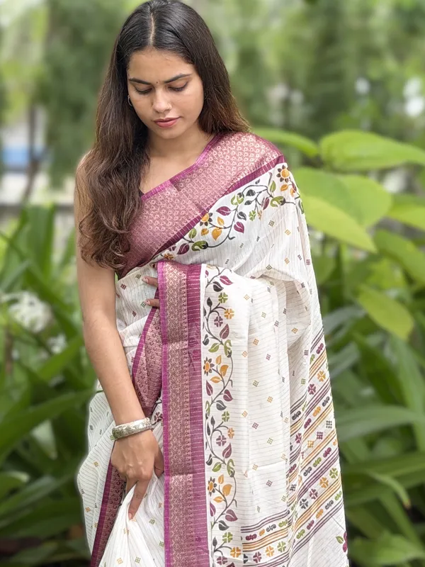 White_Floral_Printed_Saree_With_Maroon_Border_for_Women