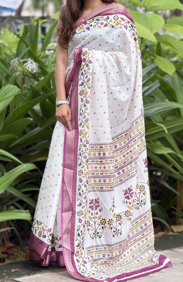White_Floral_Printed_Saree_With_Maroon_Border_for_Women
