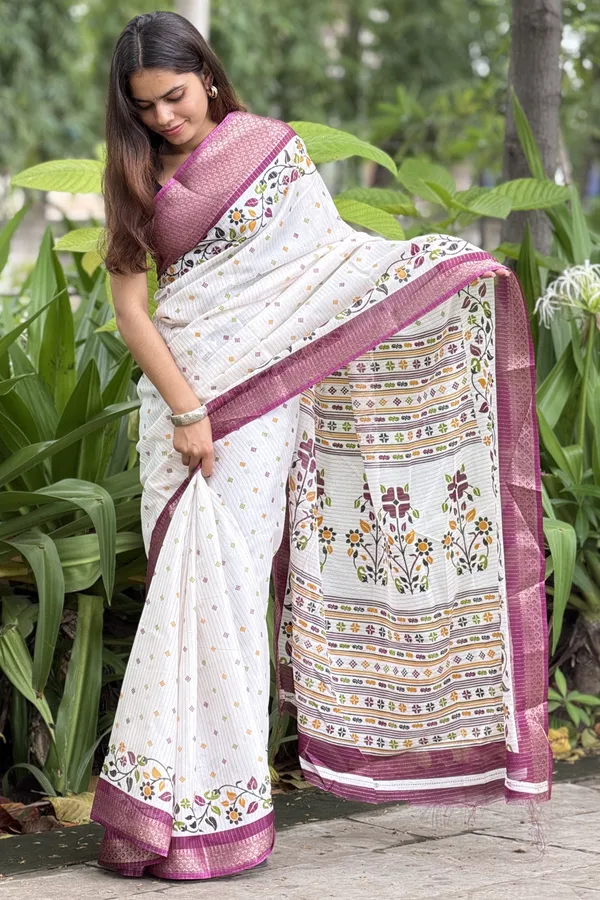 White_Floral_Printed_Saree_With_Maroon_Border_for_Women