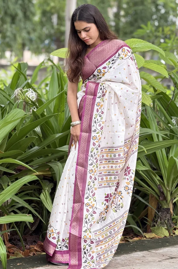 White_Floral_Printed_Saree_With_Maroon_Border_for_Women